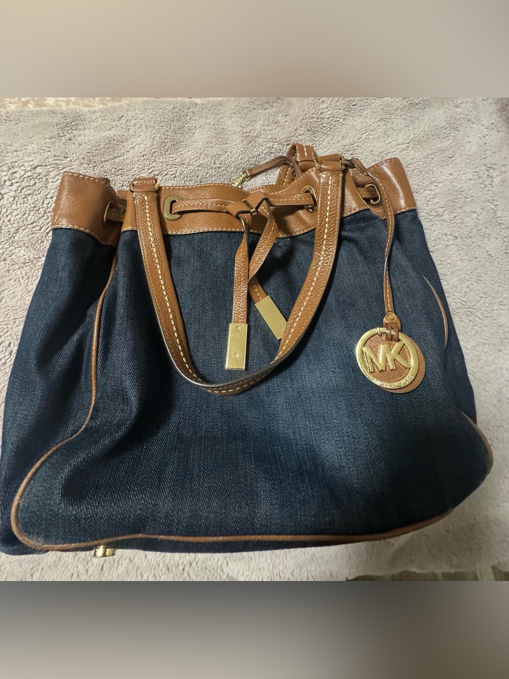 Michael Kors Marina Navy Denim Shoulder Bag with Tan Leather Trim